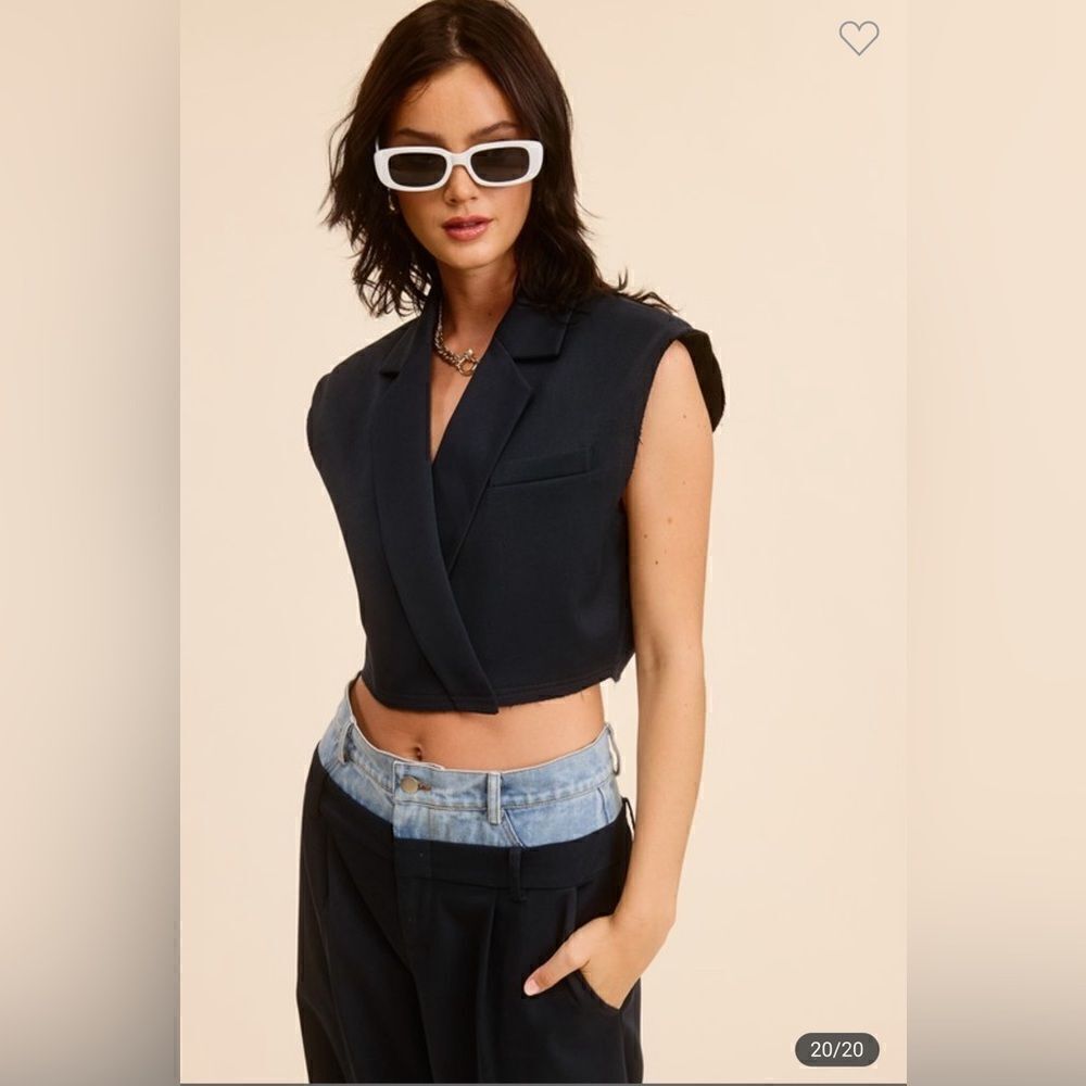 007. SOLID V-NECK CROP WAISTCOAT VEST- NAVY BLUE - Picture 5 of 6